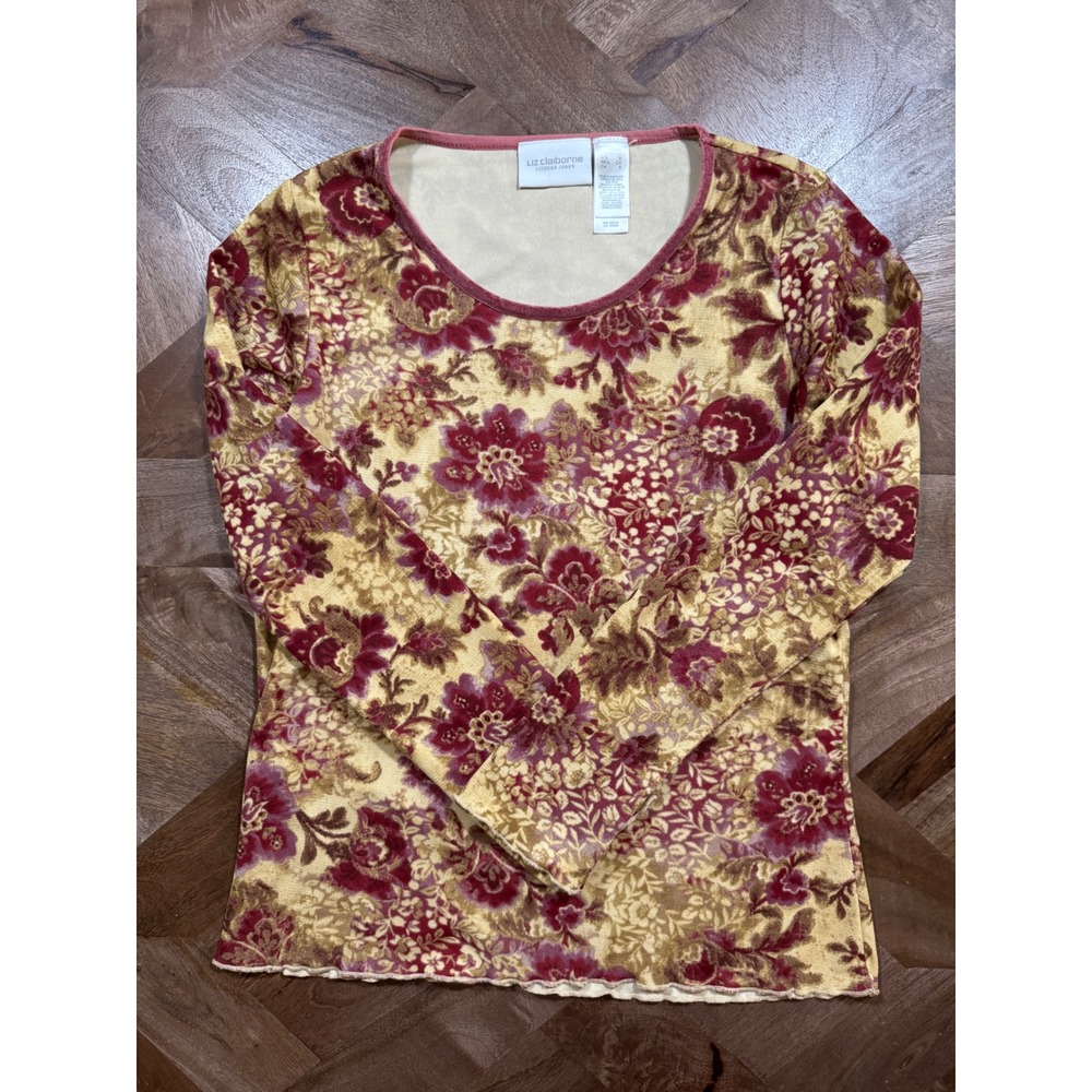 Vintage 90s Y2K Liz Claiborne Floral Mesh Top Small Whimsigoth Grunge Fairycore